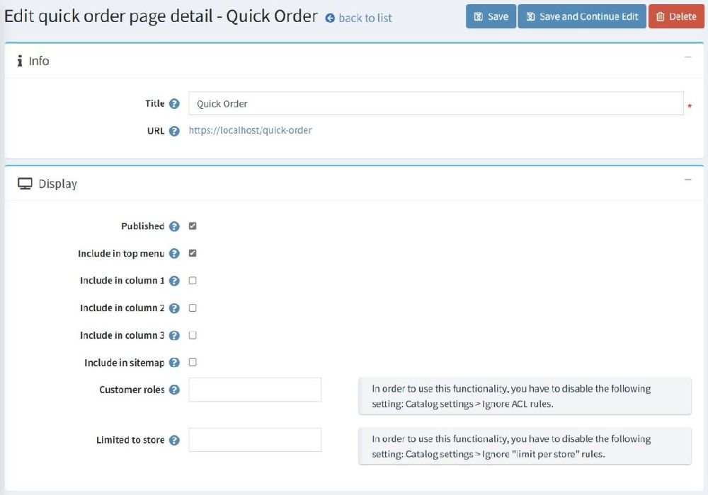nopcommerce quick order plugin edit menu item page